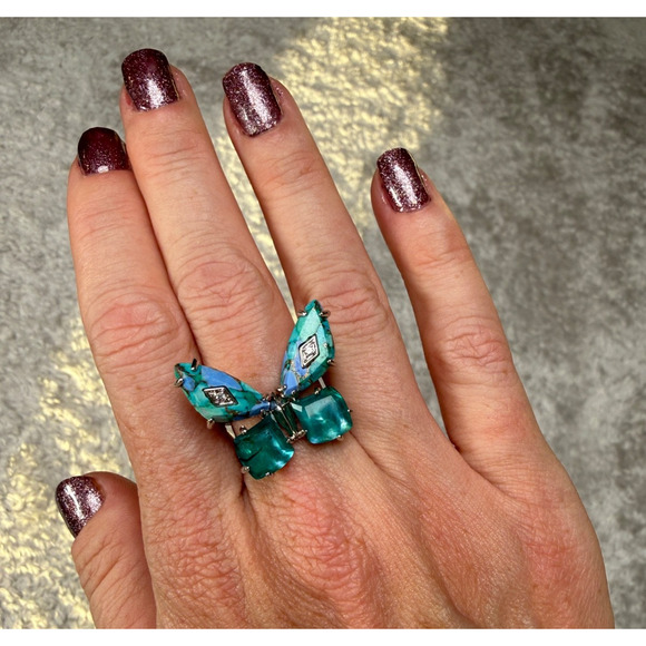Kendra Scott Bianca Blue Aqua Butterfly Cocktail Ring Silver Mix Size 8 NWOT - Picture 2 of 4